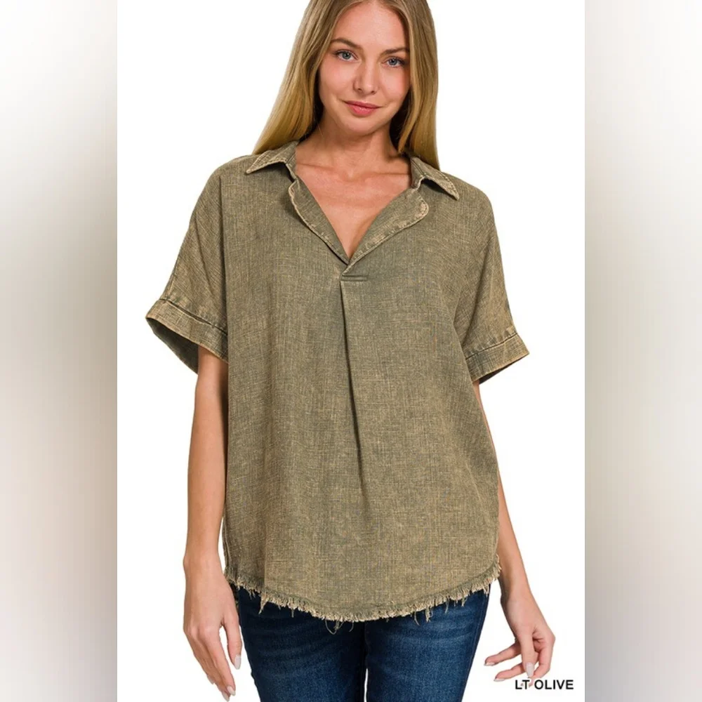 NWT - Washed Linen Blend Raw Edge V-Neck Light Olive Shirt - Size M